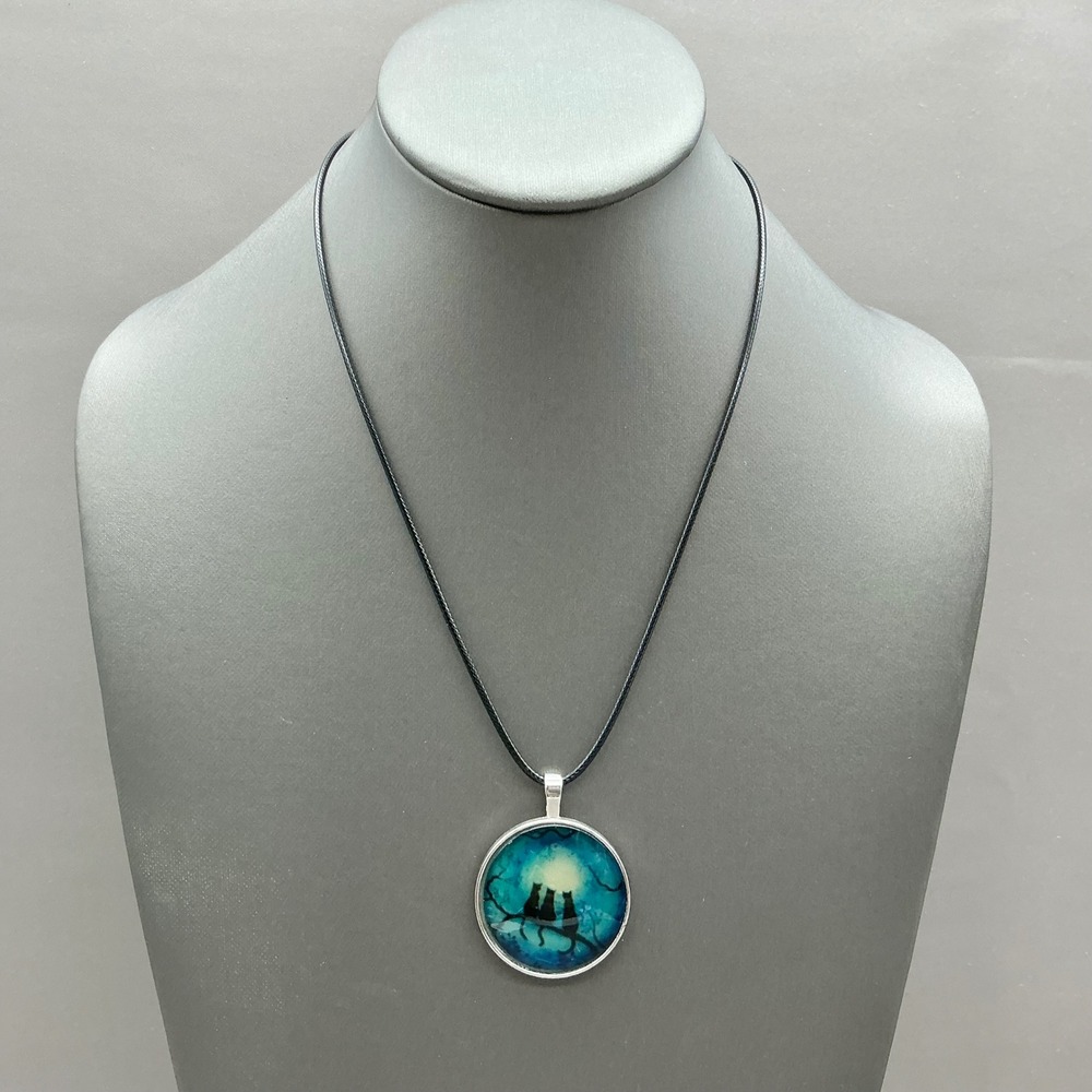 Cat Necklace Blue Glass Pendant Black Cord Silver Tone Cat Lover Jewelry 20"